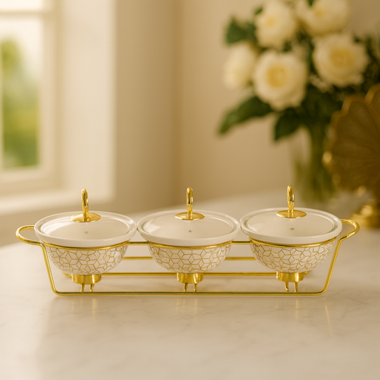 3-Pcs 9" Oval Ceramic Casserole Set With Gold Stand & Hanging Glass Lids