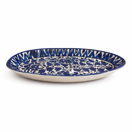 Handcrafted Blue Pottery Oval Plate – Floral Design (12 × 8 Inches)