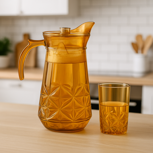 Golden-Tinted 7-Piece Water Set – 1.7 L Jug with 278 ml Glasses (Premium Cut-Design Glassware)