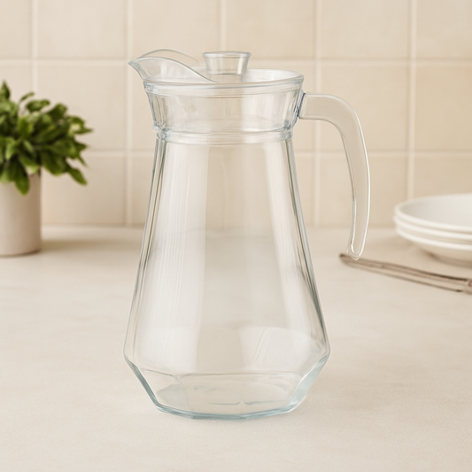 Clear Glass Jug 1300 ml with Hexagonal Base & Easy-Pour Spout – Elegant Water & Juice Pitcher
