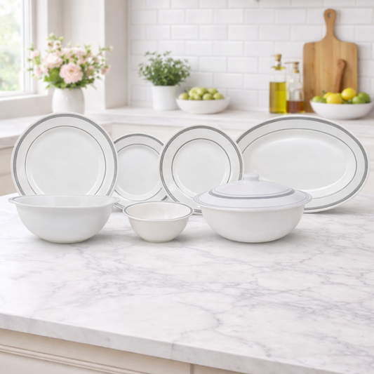 Chroma Stripes Dinner Set – Elegant White & Black Rim Design (22 / 30 / 43 PCS)