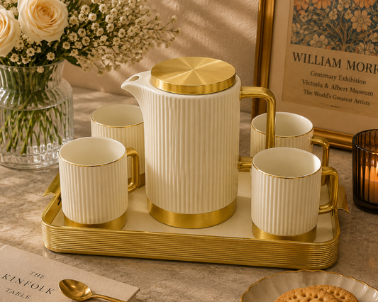 Elegant Ceramic Tea Set with Golden Tray – Luxury 7-Piece Tea & Coffee Serving Set for Home and Gifting - Habitt