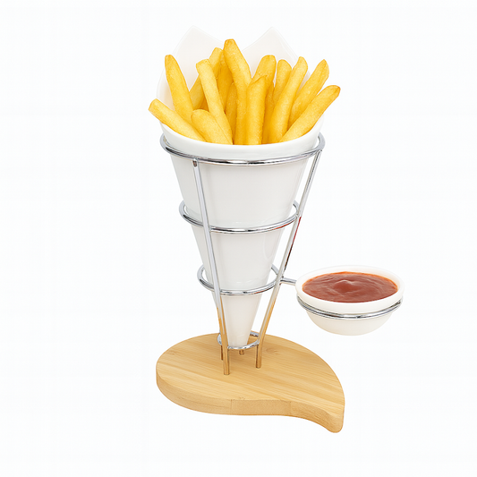 Stylish Fries Stand with Wooden Base – White & Silver