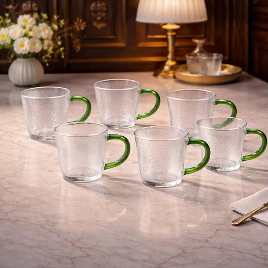 Pack of 6 Textured Glass Mug with Green Handle – Elegant Tea & Coffee Cup