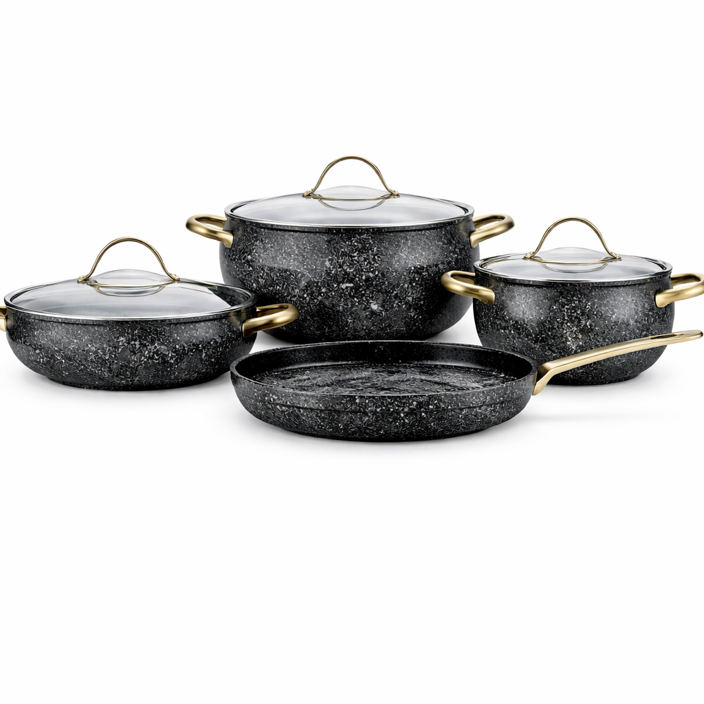 Berilla 7 Pcs Cookware Set – Premium Marble Coated Aluminium Pots & Fry Pan with Glass Lids - Habitt