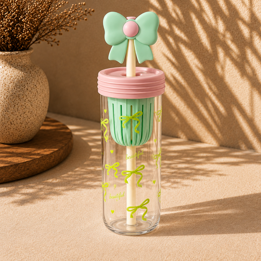 Cute Bow Design Water Bottle with Straw – Stylish Kids & Girls Drinking Bottle