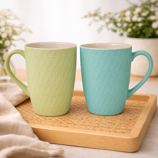 Textured Pastel Ceramic Mug – Diamond Pattern Coffee & Tea Cup in Green or Blue