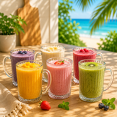 Ribbed Clear Glass Juice Mug 320 ml with Handle – Pack of 6 | Elegant Textured Drinkware for Home & Café
