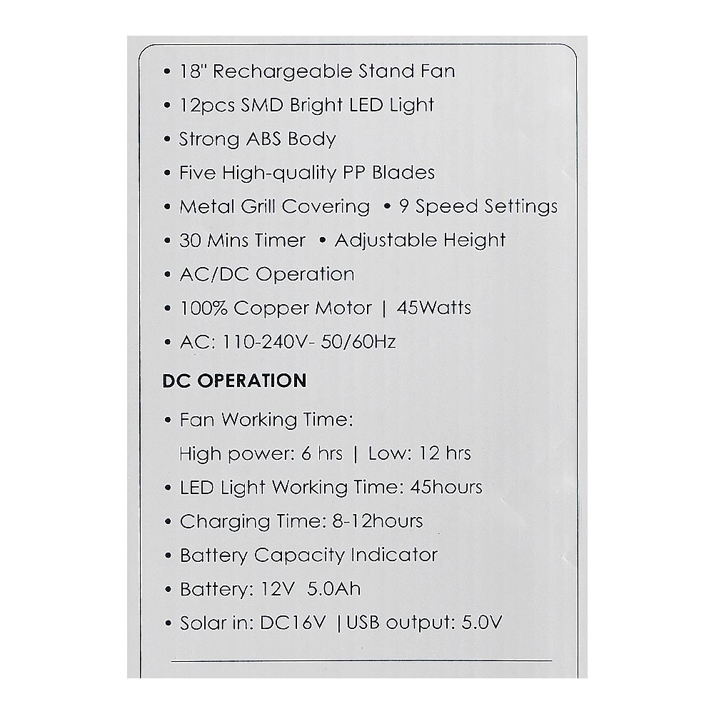 Sanford Rechargeable Stand Fan 18 Inch with Remote Control, LED Light & 9 Speed Settings – Powerful Cooling Fan (SF6600RSFN) - Habitt