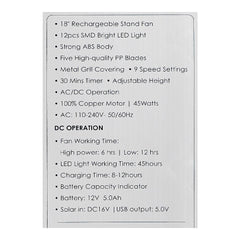 Sanford Rechargeable Stand Fan 18 Inch with Remote Control, LED Light & 9 Speed Settings – Powerful Cooling Fan (SF6600RSFN)