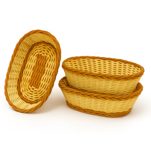 3-Piece Handwoven Oval Cane Bread Basket Set – Dual-Tone Natural Rattan Serving Baskets for Dining & Kitchen