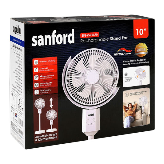 Sanford Rechargeable Stand Fan 10″ – Model SF6659RSFN | High-Speed Portable Cooling Fan