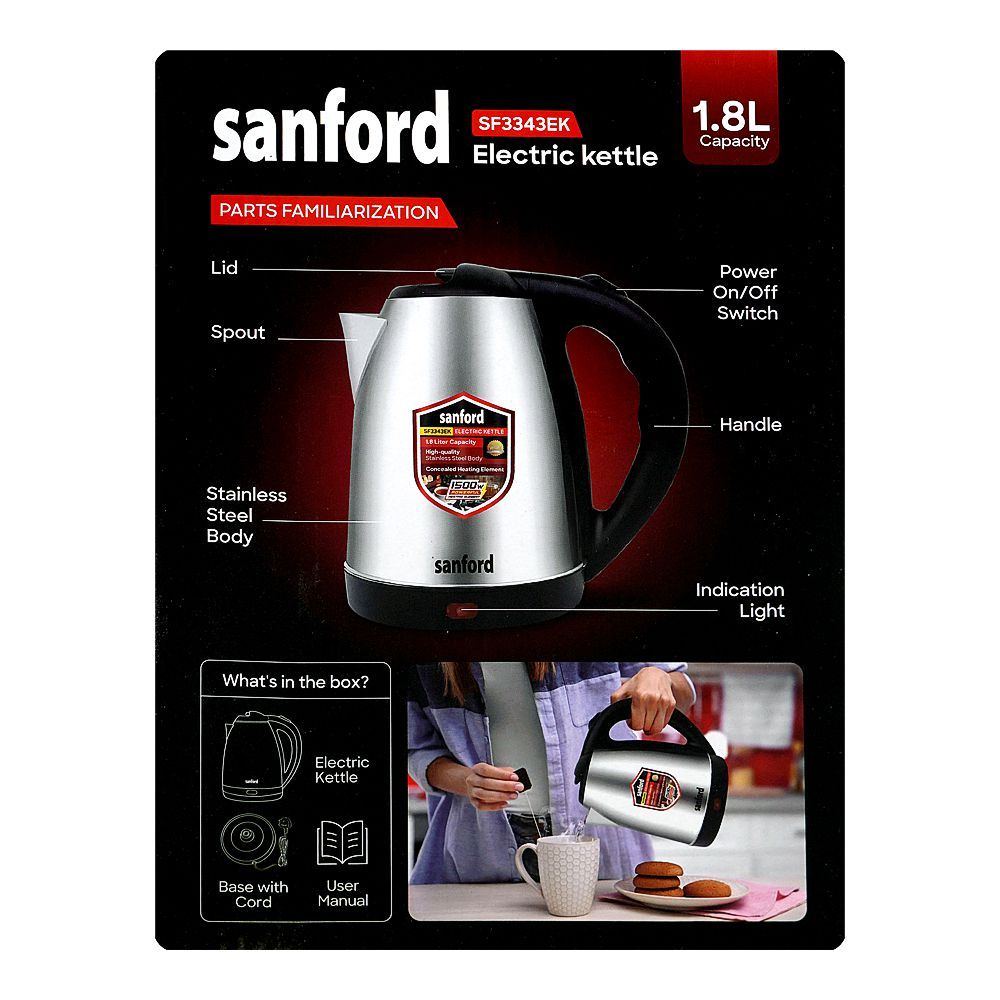 Sanford Electric Kettle 1500W Stainless Steel with Auto Shut-Off & Indicator Light – 1.8L Capacity (SF-3343EK) - Habitt