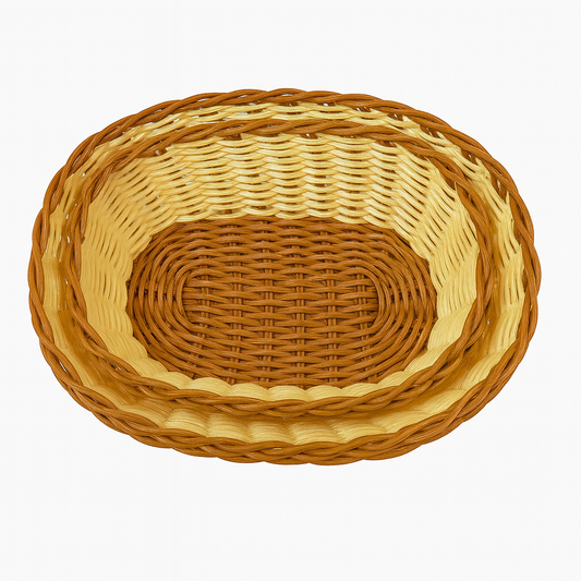 3-Piece Handwoven Oval Cane Bread Basket Set – Dual-Tone Natural Rattan Serving Baskets for Dining & Kitchen