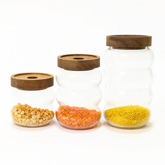3Pc Glass Jar Set – Airtight with Wooden Lid (KDJ-01)