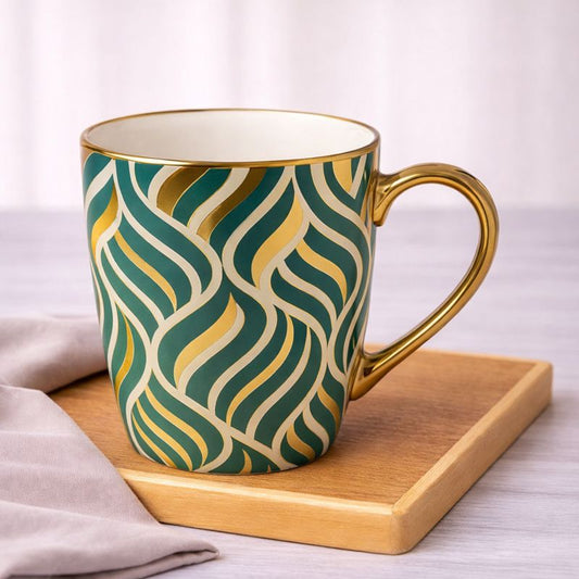 Luxury Mug – Gold & Green Patterned Design