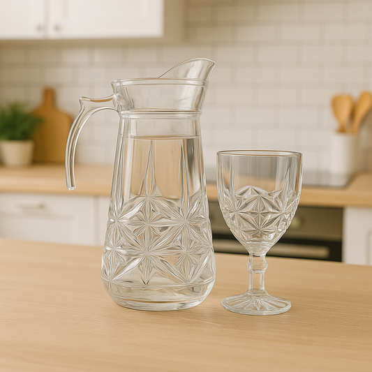Smoke-Tinted 7-Piece Water Set – Diamond-Cut Jug with Stemmed Goblet Glasses (Pressed Glass)
