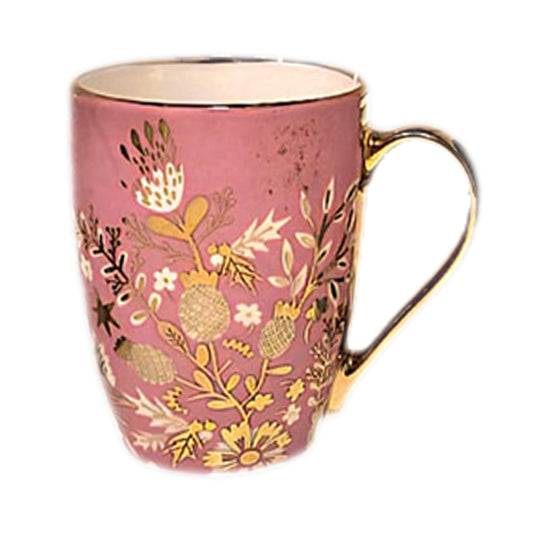 Ceramic Coffee Mug with Gold Handle – Floral Print Design (Blue, Pink, Grey)