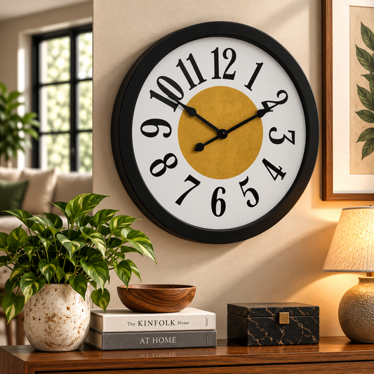 SCOTTISH 20" Modern Wall Clock – Black Plastic Frame with White Dial and Golden Center