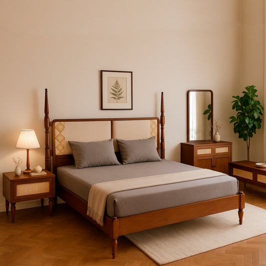 Gul Bahar Bed – Buy Solid Wood King Bed with Cane & Upholstered Headboard | Habitt