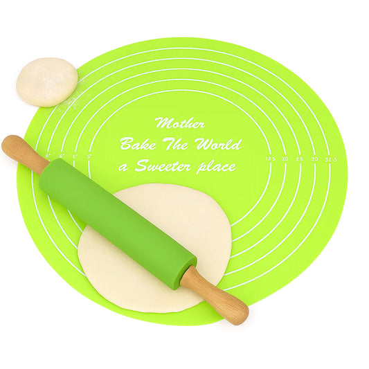 Non-Stick Silicone Baking Sheet with Wooden Handle Rolling Pin – Dough Mat Set
