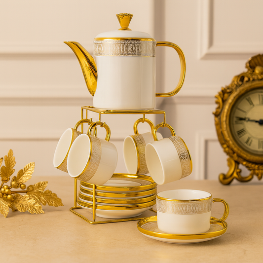 Luxury Tea Set with Stand – 15 Pieces | White or Black Finish