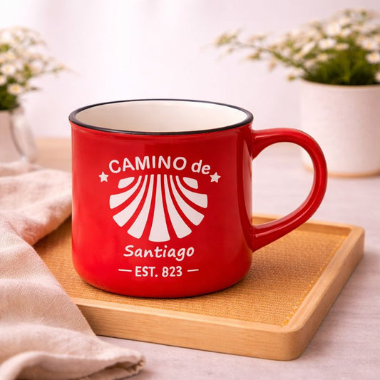Camino de Santiago Enamel-Style Ceramic Mug – Travel-Inspired Coffee & Tea Cup in Red