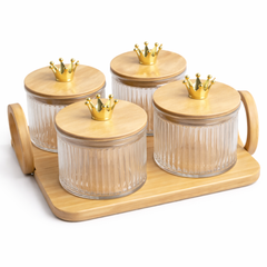 5Pcs Glass Storage Jar Set with Crown Knobs & Bamboo Tray