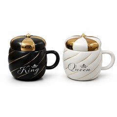 Ceramic King & Queen Style Mug Set – Luxury White & Black Coffee Cups with Lid - Habitt