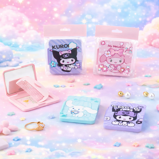 1 PC Kids Cartoon Comb Plus Mirror Set – Cute Portable Folding Hair Brush with Compact Mirror for Girls (Assorted) - Habitt