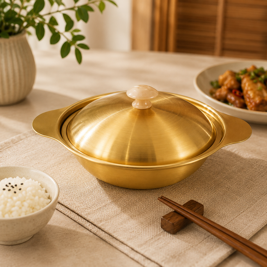 Golden Serving Bowl with Wooden Knob – Premium Brass-Finish Cook & Serve Dish (Available in 18 cm, 21 cm & 24 cm)