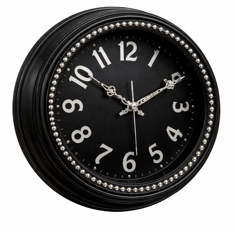 Heritage Hazel Wall Clock 14.5 Inch – Classic Black Finish with Silver Numerals & Beaded Detail (Plastic) - Habitt
