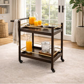Oaklin Wooden Tea Trolley with Wheels – 2-Tier Serving Cart with Brass Accents for Dining & Living Room - Habitt