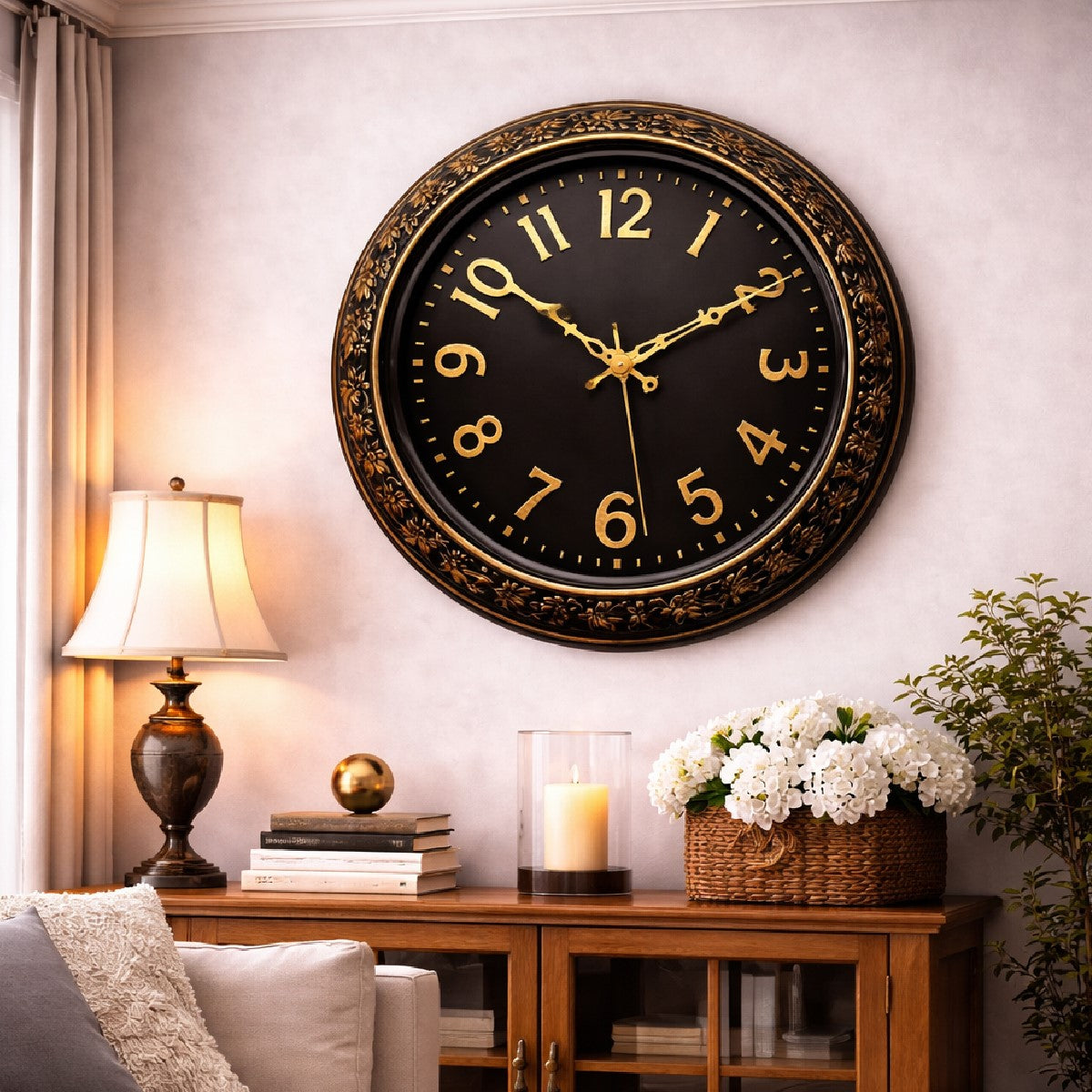Heritage Hazel Wall Clock 14.5 Inch – Elegant Black & Gold Floral Design with Classic Numerals (Plastic) Description - Habitt