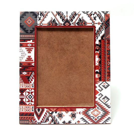 Monotone Tribal Wooden Photo Frame – Boho Geometric Printed Picture Frame with Natural Wood Finish - Habitt
