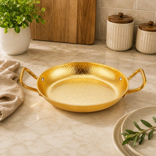 Golden Deep Paella Pan – Textured Stainless Steel Cook & Serve Pan with Handles (Available in 24 cm, 26 cm & 28 cm)