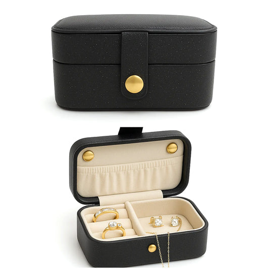 Portable Jewelry Storage Box – Black with Gold Button Closure