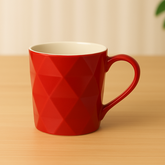 Geometric Red Ceramic Mug – Diamond Embossed Modern Coffee & Tea Cup