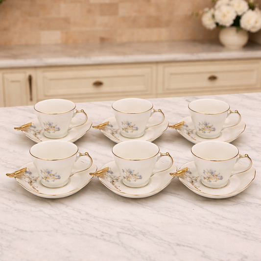 Elegant Floral Porcelain Tea Cup & Saucer Set – Set of 6 with Gold Accents