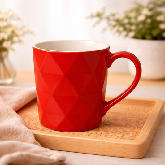 Geometric Red Ceramic Mug – Diamond Embossed Modern Coffee & Tea Cup