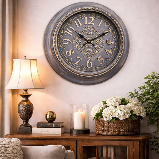 Heritage Gear 18-Inch Vintage Grey Wall Clock – Decorative Distressed Metal Wall Clock for Living Room, Office & Farmhouse Home Décor
