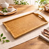 Bamboo Bed Tray – Natural Wooden Serving Tray with Woven Rattan Base - Habitt