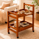 Nerra Wooden Tea Trolley | Rustic Serving Cart with Storage Shelves & Wheels - Habitt