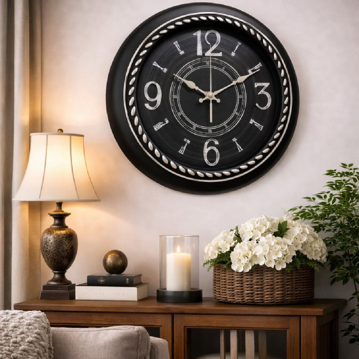 Heritage Prague 2 Wall Clock 18 x 18 Inch – Vintage Black Dial with Chalk-Style Numerals & Beaded Frame (Plastic) - Habitt