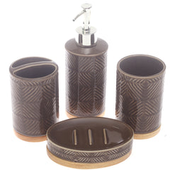 4 Pcs Brown Ceramic Bathroom Accessory Set with Wooden Base – Soap Dispenser, Tumbler & Soap Dish