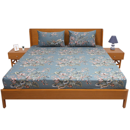Premium Cotton Floral Jaal Double Bed Sheet (90x100) with 2 Pillow Covers – Teal Blue Tropical Print