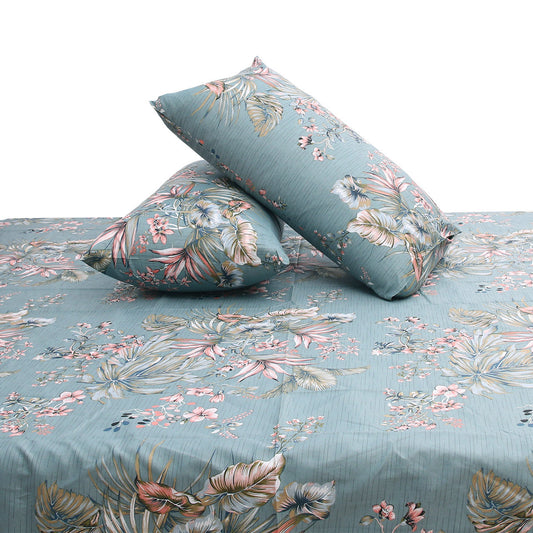 Premium Cotton Floral Jaal Double Bed Sheet (90x100) with 2 Pillow Covers – Teal Blue Tropical Print