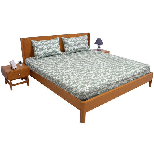 Elegant White Floral Double Bed Sheet (90x100) with 2 Pillow Covers – Soft Sage Green Cotton Print