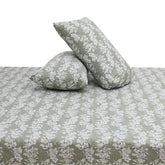Elegant White Floral Double Bed Sheet (90x100) with 2 Pillow Covers – Soft Sage Green Cotton Print - Habitt