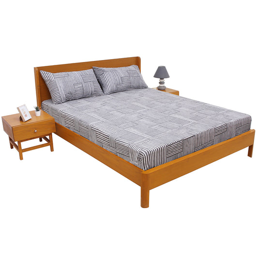 Dune Double Bed Sheet (96x102) with 2 Pillow Covers – 100% Cotton Modern Line Pattern in Grey & White